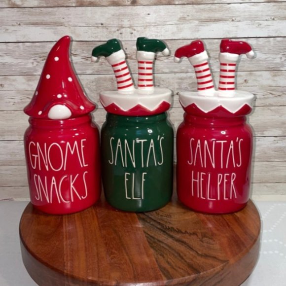 Rae Dunn Holiday Rae Dunn Christmas Canisters Set Of 3 Santas Helper Santas Elf Gnome Snacks